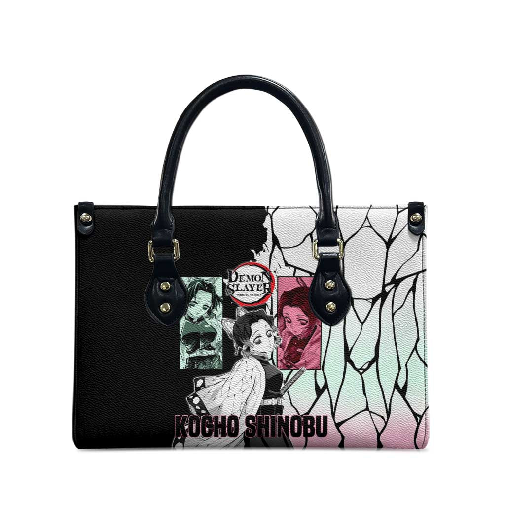 Shinobu Kocho from Demon Slayer Leather Bag with Black and White Wing Pattern and Pastel Manga Panel Design - The Mazicc