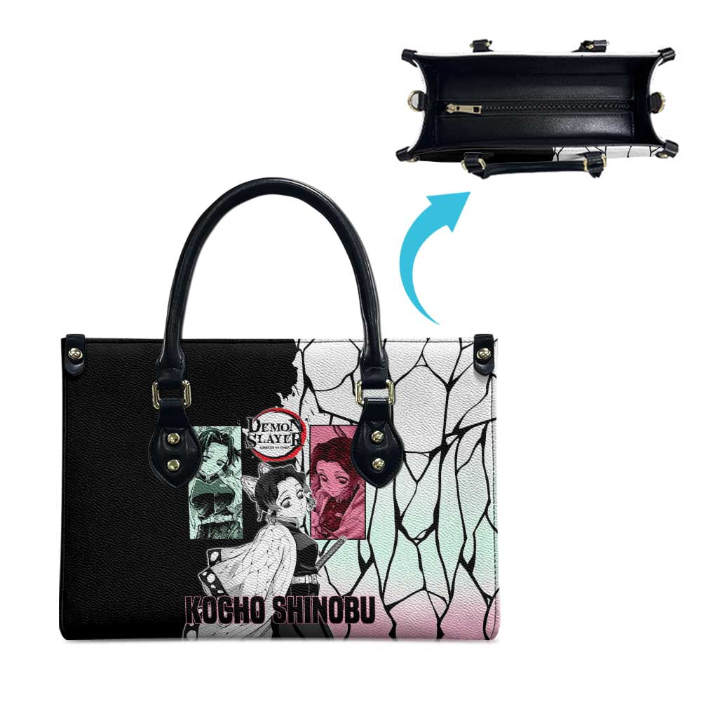 Shinobu Kocho from Demon Slayer Leather Bag with Black and White Wing Pattern and Pastel Manga Panel Design - The Mazicc