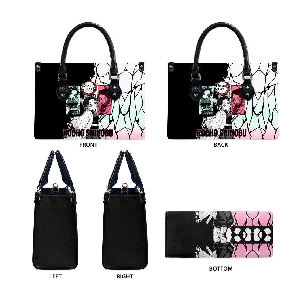 Shinobu Kocho from Demon Slayer Leather Bag with Black and White Wing Pattern and Pastel Manga Panel Design - The Mazicc