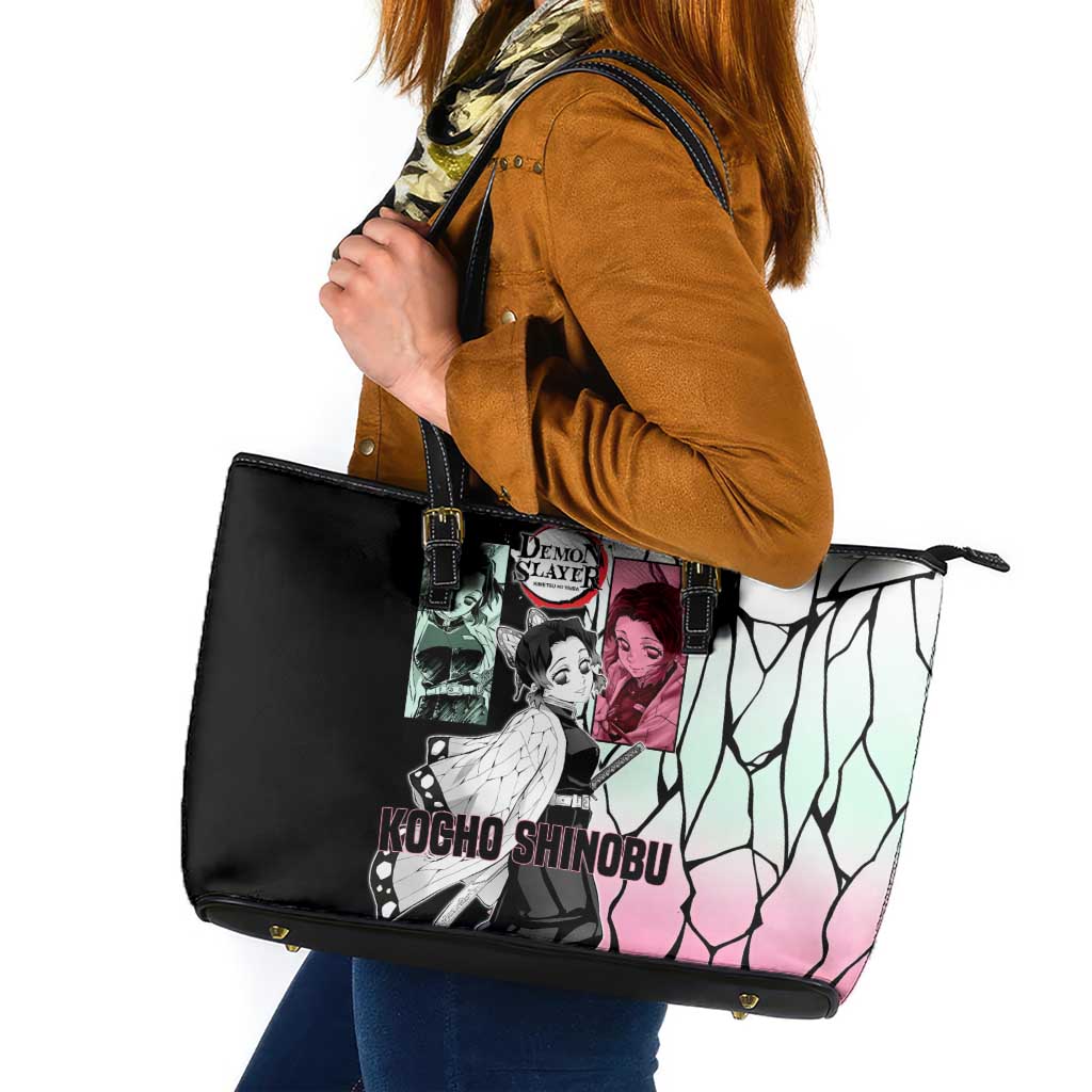 Shinobu Kocho from Demon Slayer Leather Tote Bag with Black and White Wing Pattern and Pastel Manga Panel Design - The Mazicc