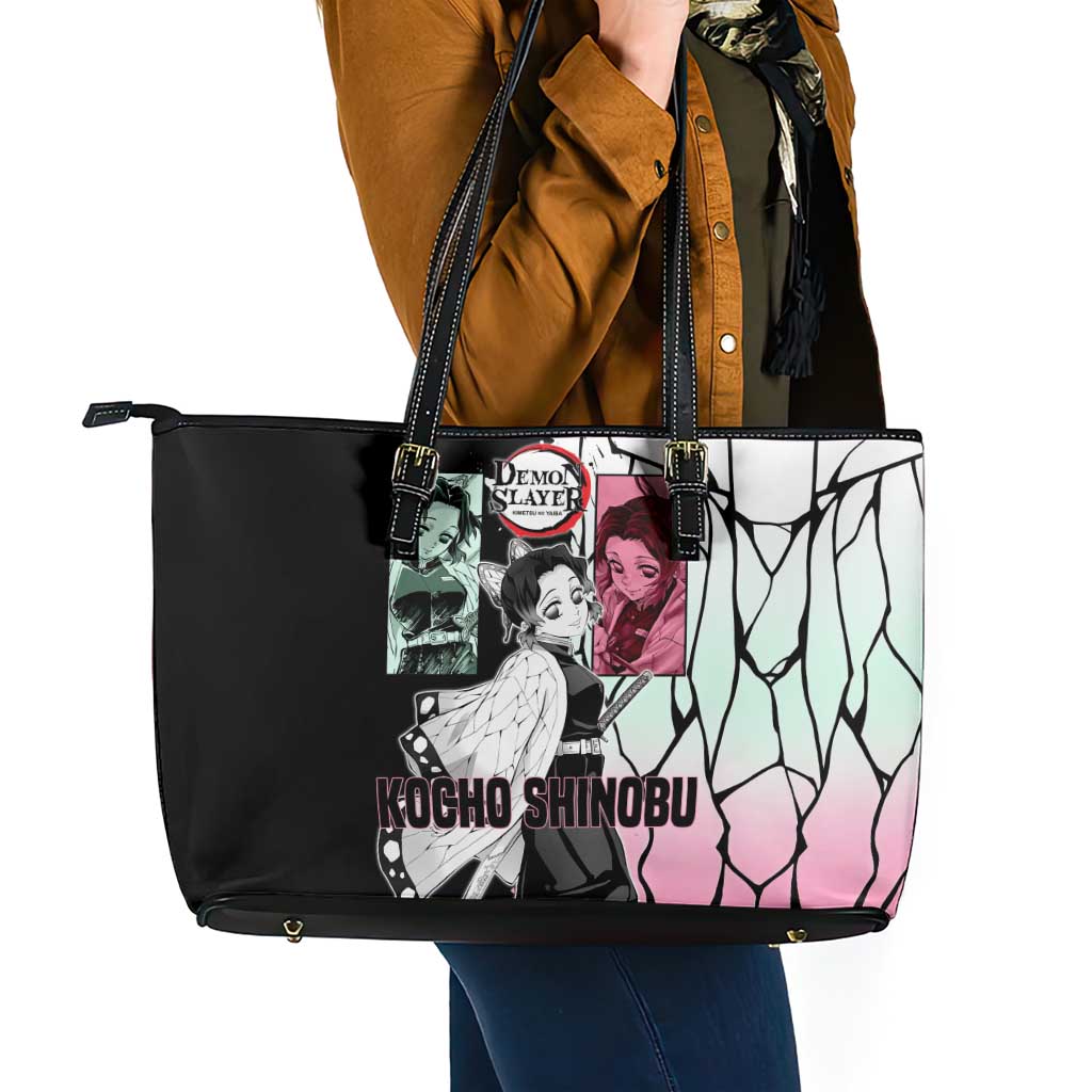 Shinobu Kocho from Demon Slayer Leather Tote Bag with Black and White Wing Pattern and Pastel Manga Panel Design - The Mazicc