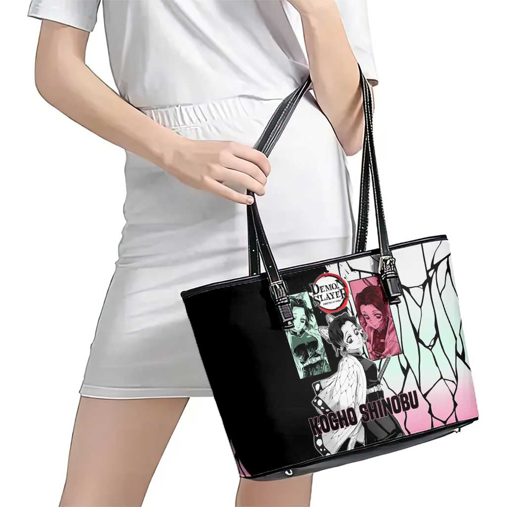 Shinobu Kocho from Demon Slayer Leather Tote Bag with Black and White Wing Pattern and Pastel Manga Panel Design - The Mazicc