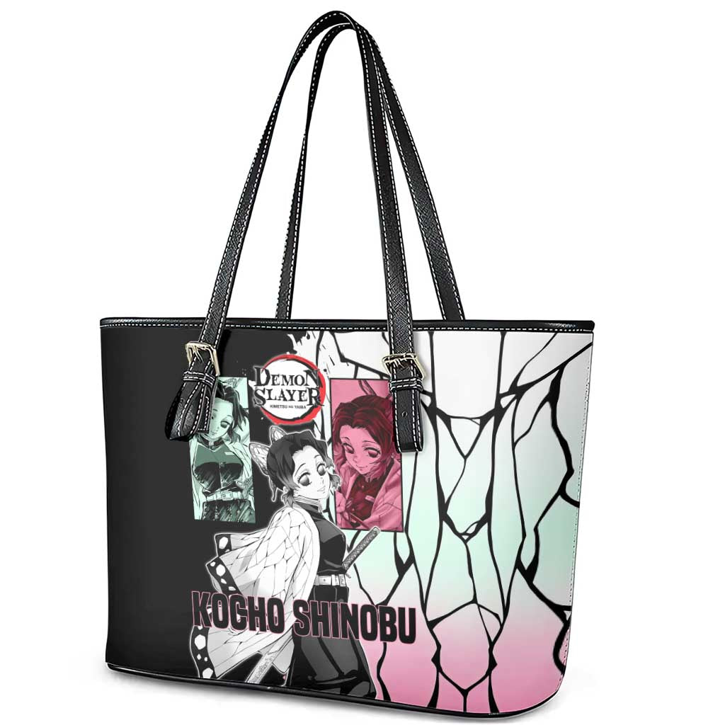 Shinobu Kocho from Demon Slayer Leather Tote Bag with Black and White Wing Pattern and Pastel Manga Panel Design - The Mazicc