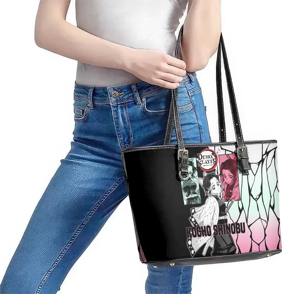 Shinobu Kocho from Demon Slayer Leather Tote Bag with Black and White Wing Pattern and Pastel Manga Panel Design - The Mazicc