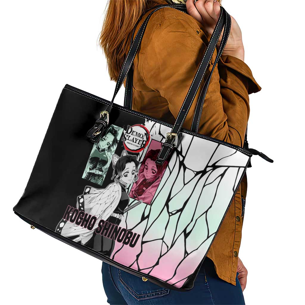 Shinobu Kocho from Demon Slayer Leather Tote Bag with Black and White Wing Pattern and Pastel Manga Panel Design - The Mazicc