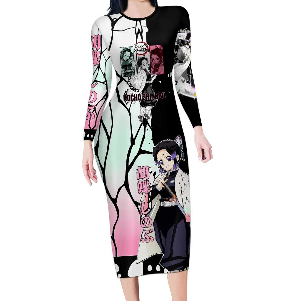 Shinobu Kocho from Demon Slayer Long Sleeve Bodycon Dress with Black and White Wing Pattern and Pastel Manga Panel Design - The Mazicc