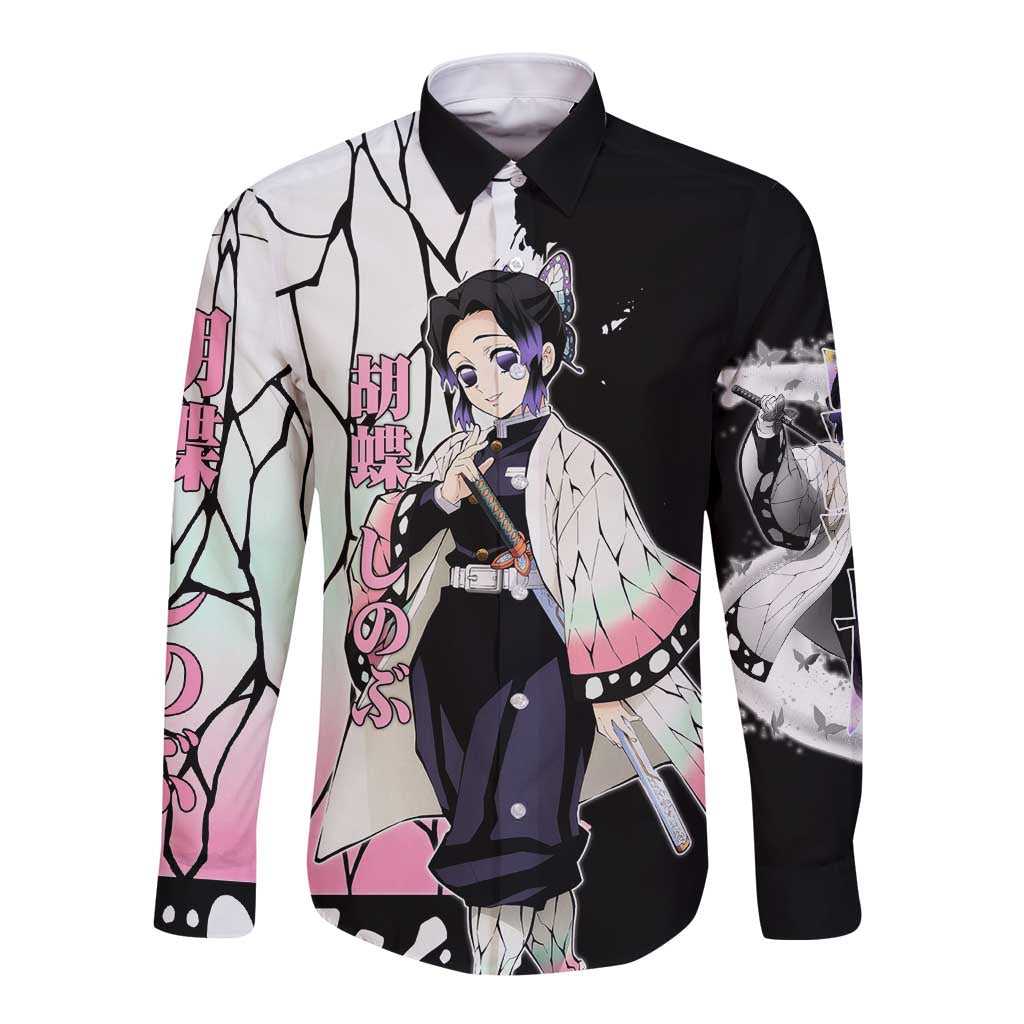Shinobu Kocho from Demon Slayer Long Sleeve Button Shirt with Black and White Wing Pattern and Pastel Manga Panel Design - The Mazicc