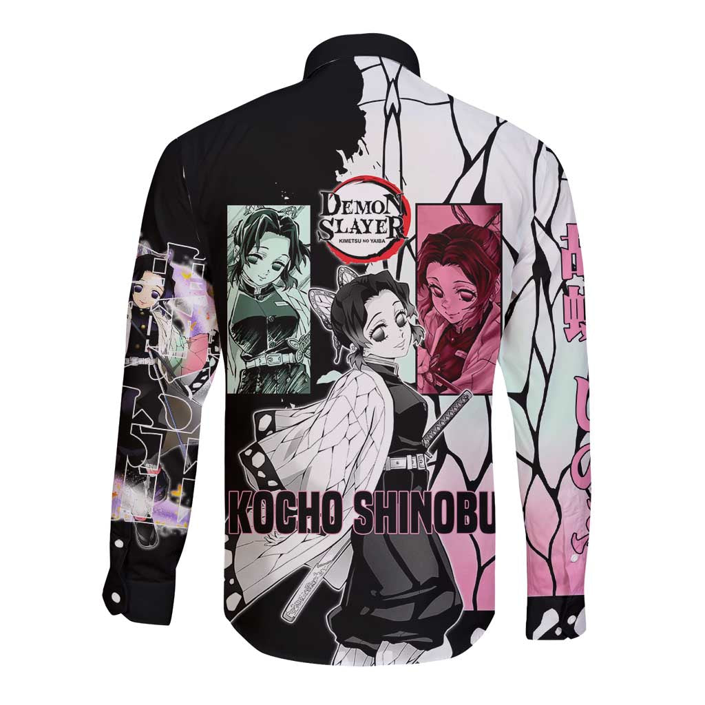 Shinobu Kocho from Demon Slayer Long Sleeve Button Shirt with Black and White Wing Pattern and Pastel Manga Panel Design - The Mazicc