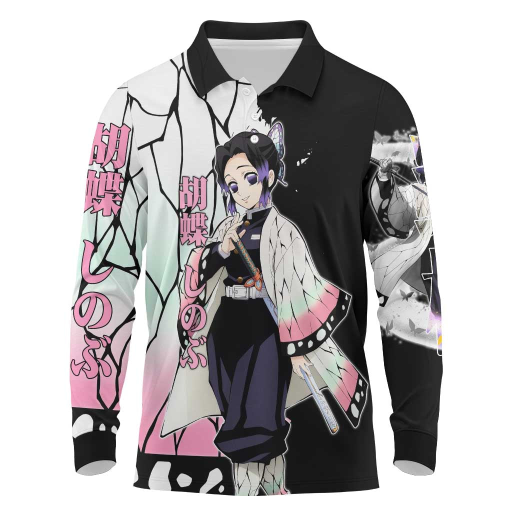 Shinobu Kocho from Demon Slayer Long Sleeve Polo Shirt with Black and White Wing Pattern and Pastel Manga Panel Design - The Mazicc