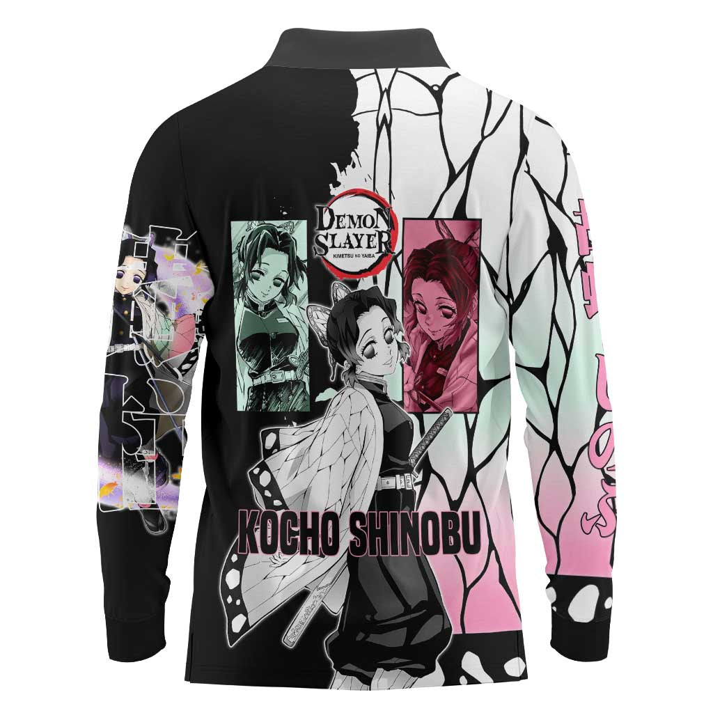 Shinobu Kocho from Demon Slayer Long Sleeve Polo Shirt with Black and White Wing Pattern and Pastel Manga Panel Design - The Mazicc