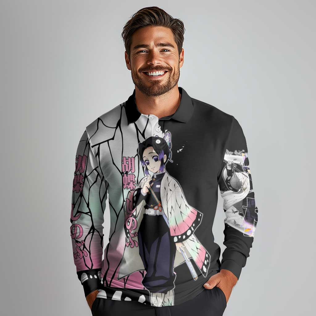 Shinobu Kocho from Demon Slayer Long Sleeve Polo Shirt with Black and White Wing Pattern and Pastel Manga Panel Design - The Mazicc