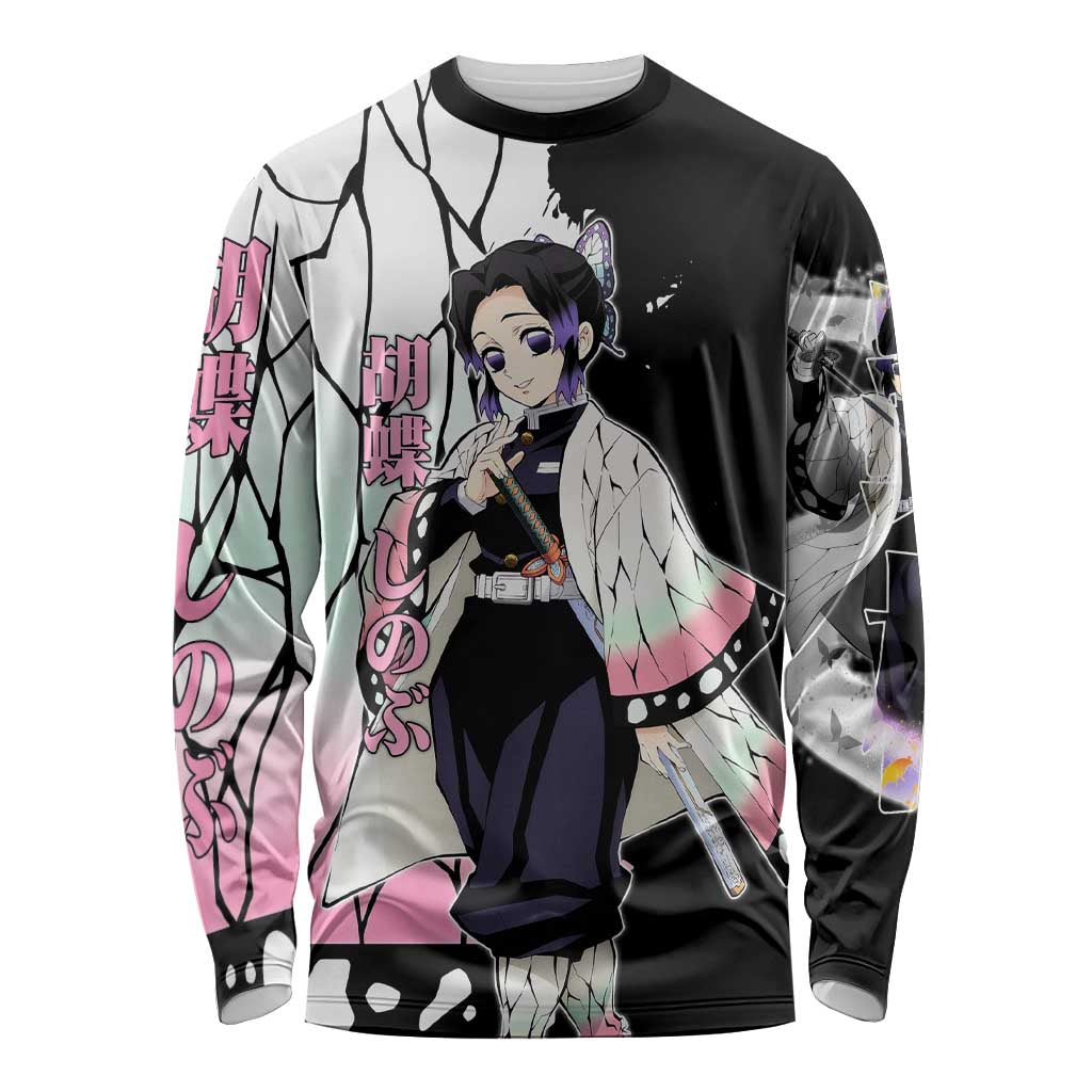 Shinobu Kocho from Demon Slayer Long Sleeve Shirt with Black and White Wing Pattern and Pastel Manga Panel Design - The Mazicc