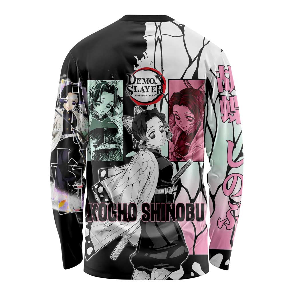 Shinobu Kocho from Demon Slayer Long Sleeve Shirt with Black and White Wing Pattern and Pastel Manga Panel Design - The Mazicc