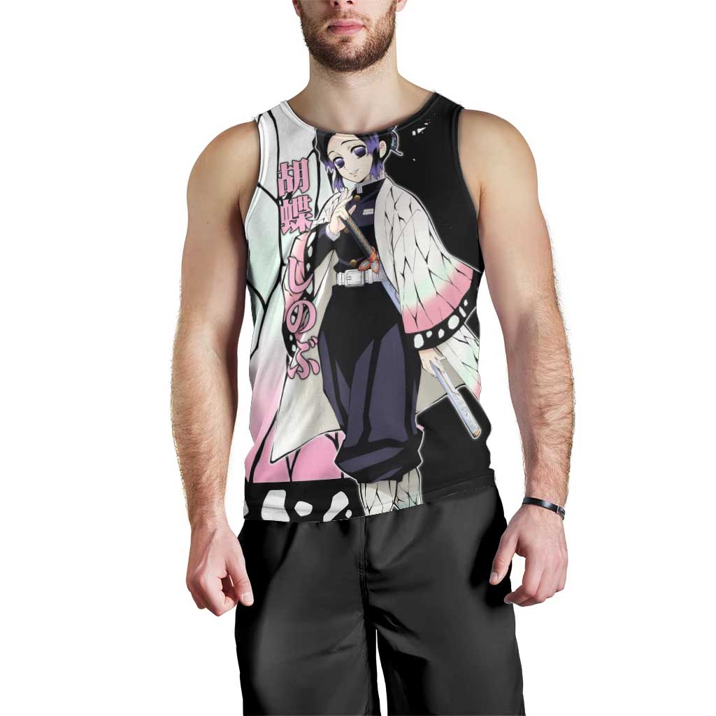 Shinobu Kocho from Demon Slayer Men Tank Top with Black and White Wing Pattern and Pastel Manga Panel Design - The Mazicc