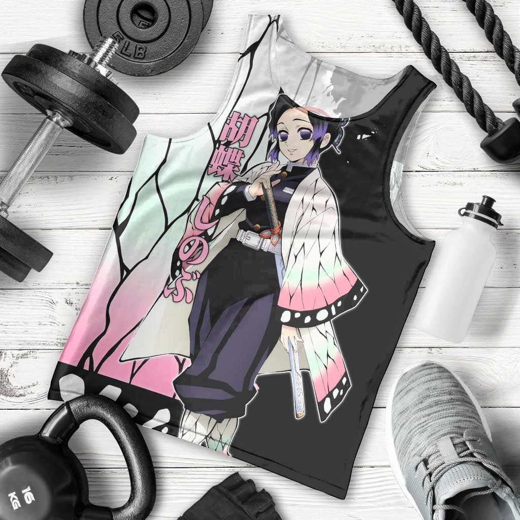 Shinobu Kocho from Demon Slayer Men Tank Top with Black and White Wing Pattern and Pastel Manga Panel Design - The Mazicc