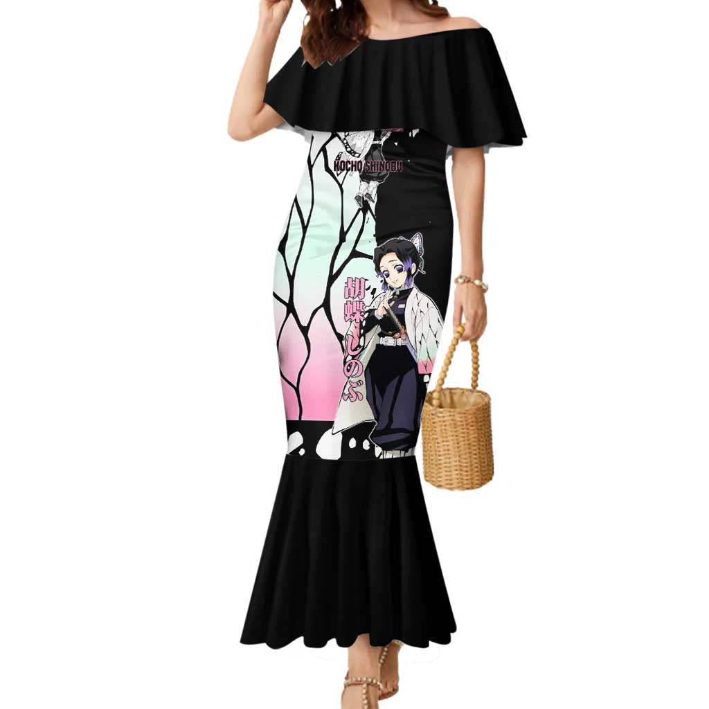Shinobu Kocho from Demon Slayer Mermaid Dress with Black and White Wing Pattern and Pastel Manga Panel Design - The Mazicc