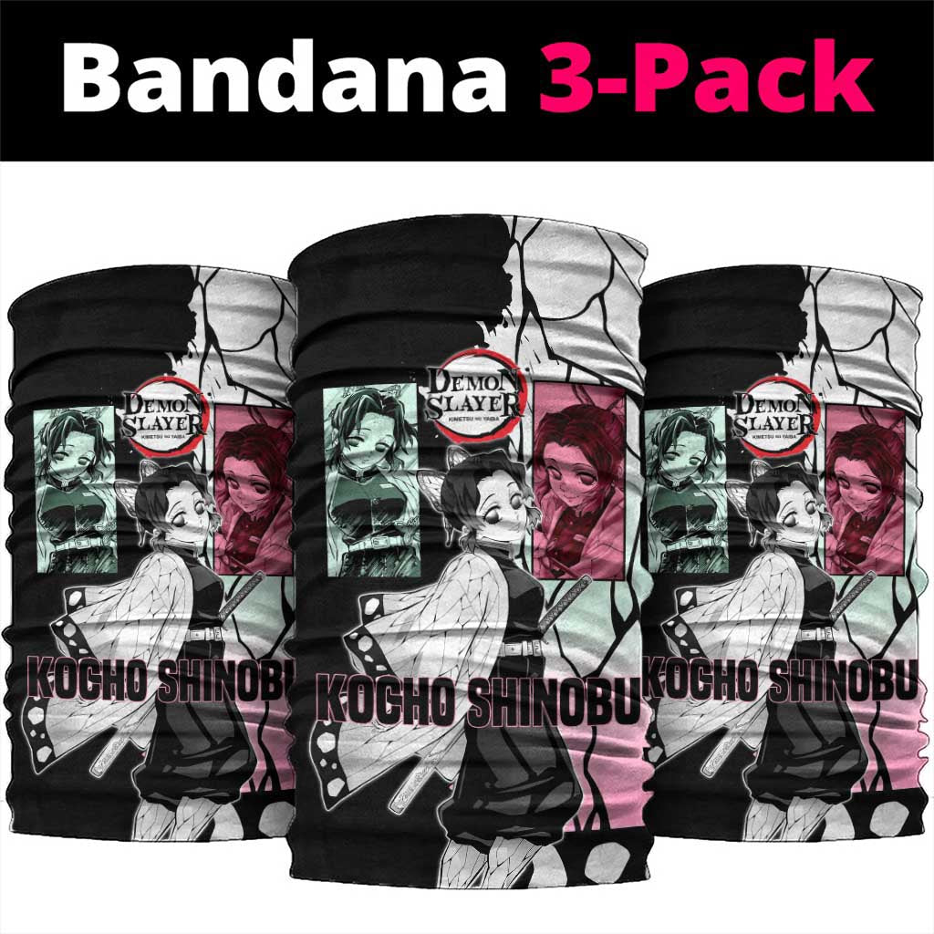 Shinobu Kocho from Demon Slayer Neck Gaiter with Black and White Wing Pattern and Pastel Manga Panel Design - The Mazicc