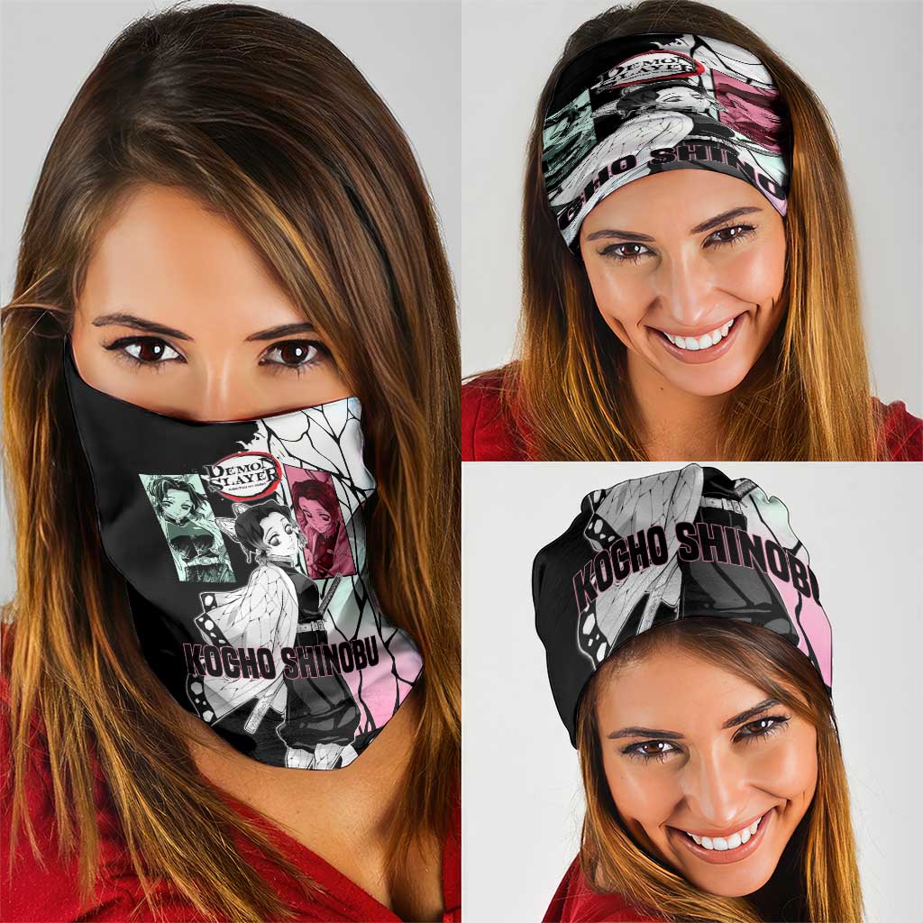 Shinobu Kocho from Demon Slayer Neck Gaiter with Black and White Wing Pattern and Pastel Manga Panel Design - The Mazicc