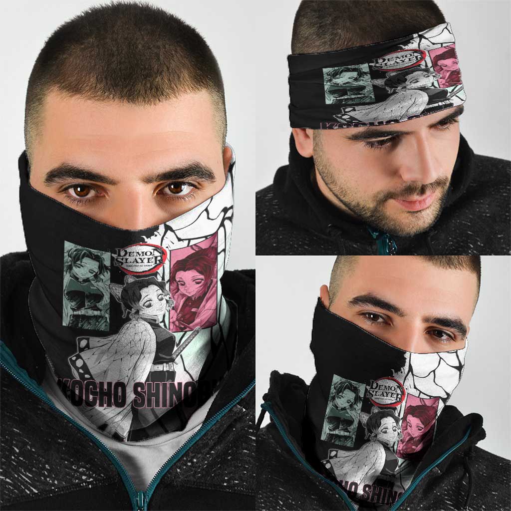 Shinobu Kocho from Demon Slayer Neck Gaiter with Black and White Wing Pattern and Pastel Manga Panel Design - The Mazicc