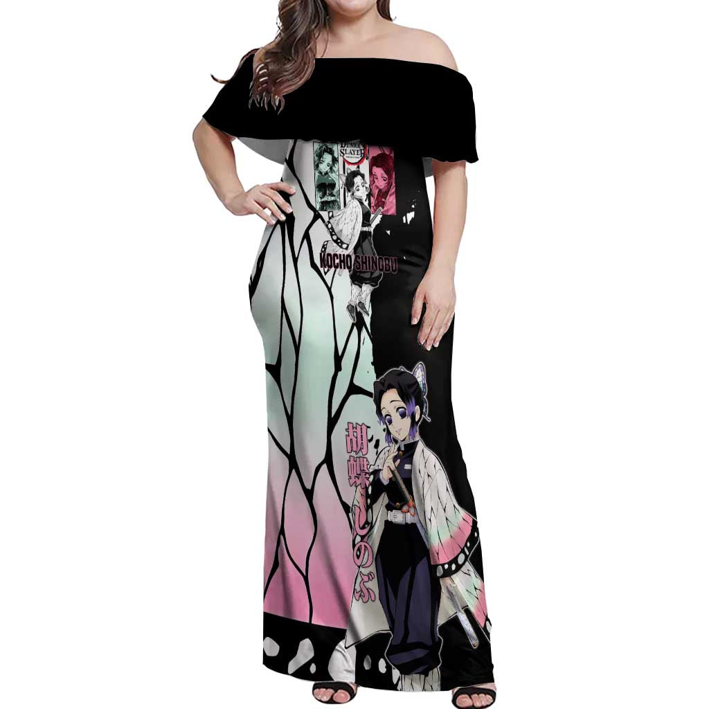 Shinobu Kocho from Demon Slayer Off Shoulder Maxi Dress with Black and White Wing Pattern and Pastel Manga Panel Design - The Mazicc