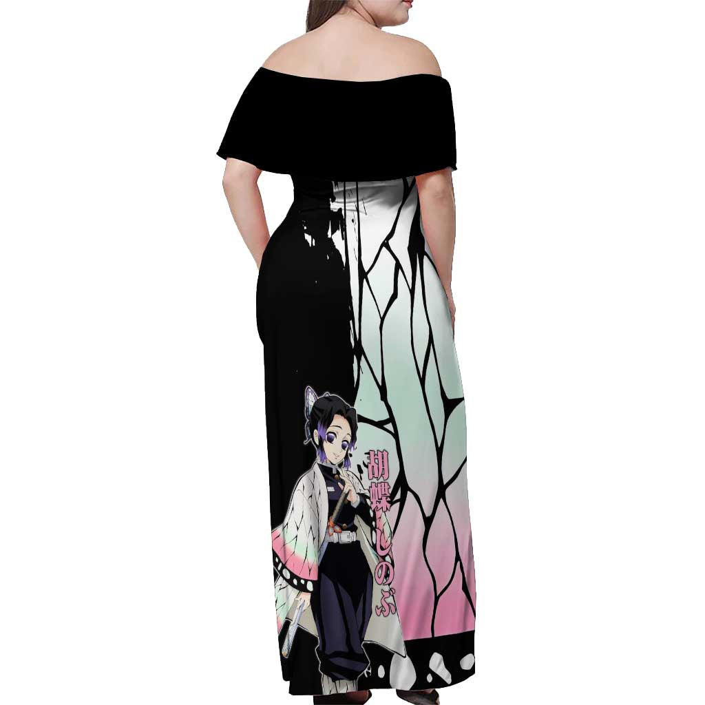 Shinobu Kocho from Demon Slayer Off Shoulder Maxi Dress with Black and White Wing Pattern and Pastel Manga Panel Design - The Mazicc
