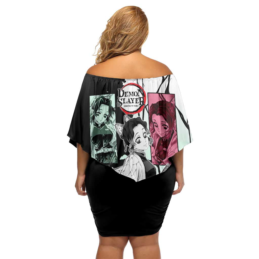 Shinobu Kocho from Demon Slayer Off Shoulder Short Dress with Black and White Wing Pattern and Pastel Manga Panel Design - The Mazicc