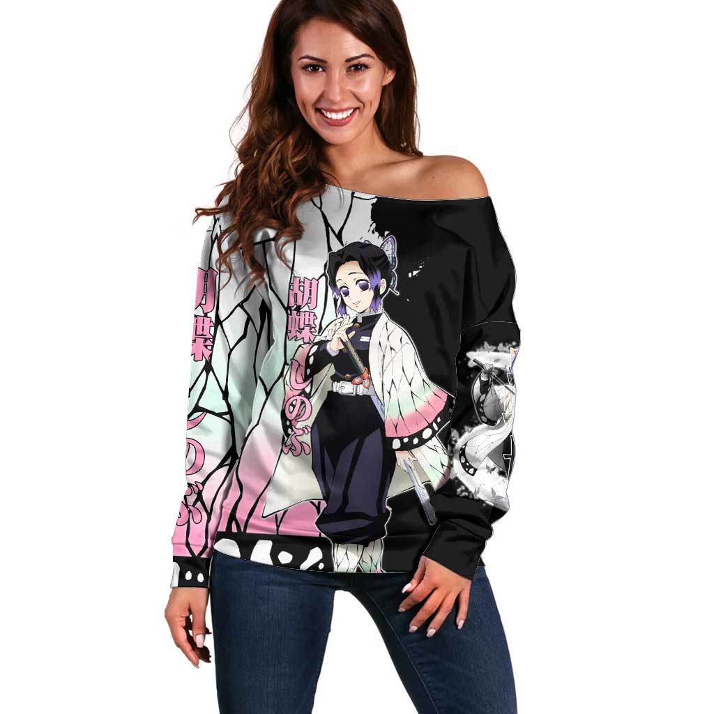 Shinobu Kocho from Demon Slayer Off Shoulder Sweater with Black and White Wing Pattern and Pastel Manga Panel Design - The Mazicc