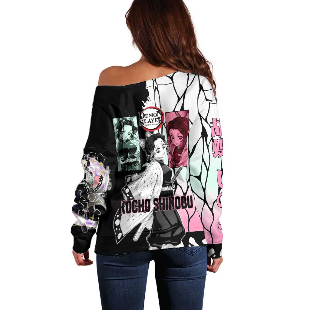 Shinobu Kocho from Demon Slayer Off Shoulder Sweater with Black and White Wing Pattern and Pastel Manga Panel Design - The Mazicc