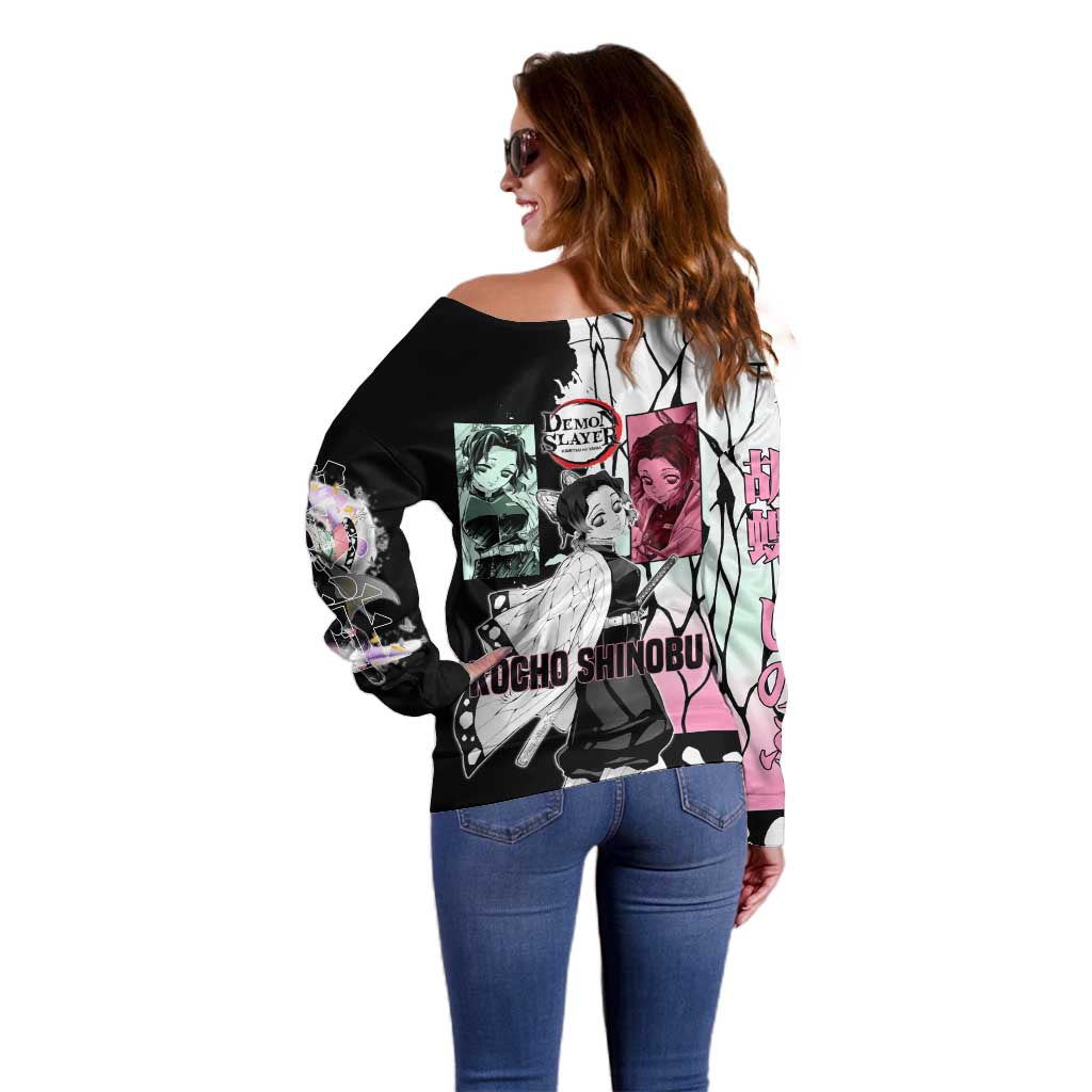 Shinobu Kocho from Demon Slayer Off Shoulder Sweater with Black and White Wing Pattern and Pastel Manga Panel Design - The Mazicc
