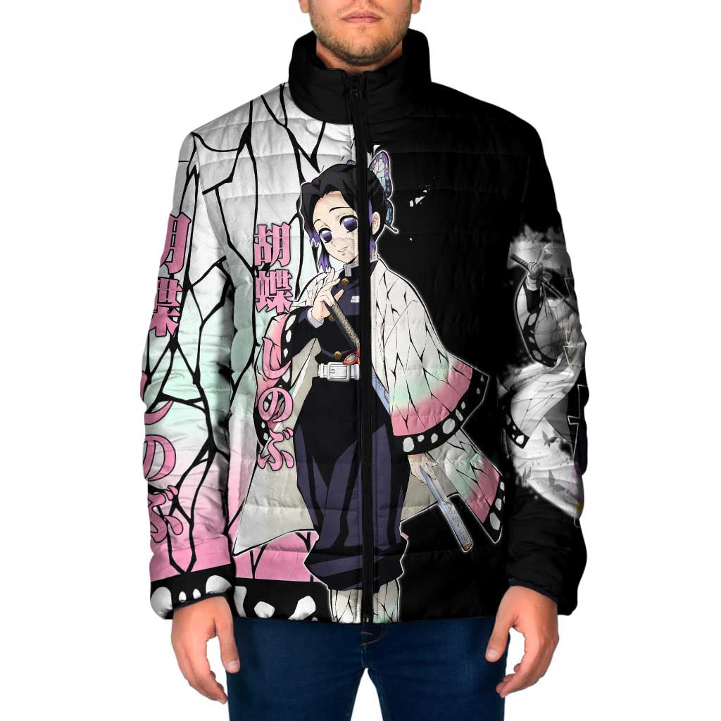 Shinobu Kocho from Demon Slayer Padded Jacket with Black and White Wing Pattern and Pastel Manga Panel Design - The Mazicc