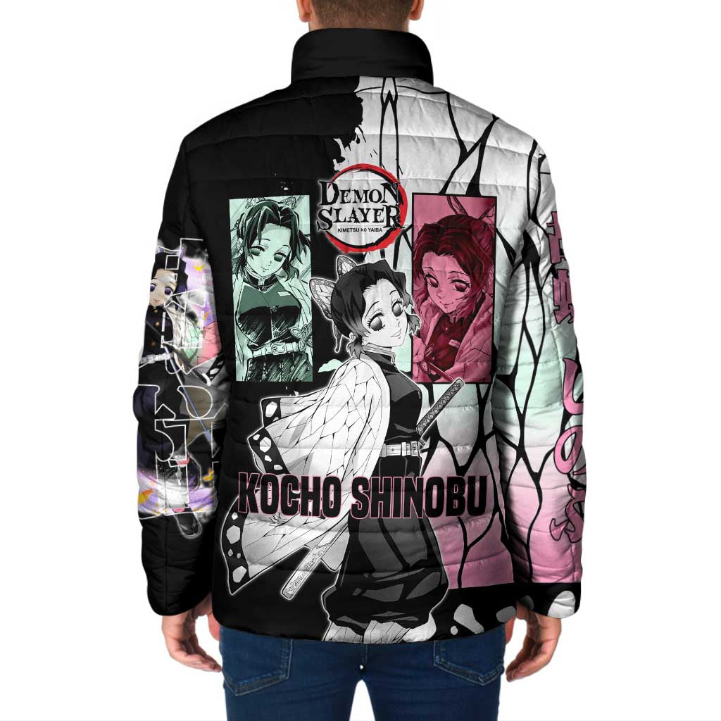 Shinobu Kocho from Demon Slayer Padded Jacket with Black and White Wing Pattern and Pastel Manga Panel Design - The Mazicc