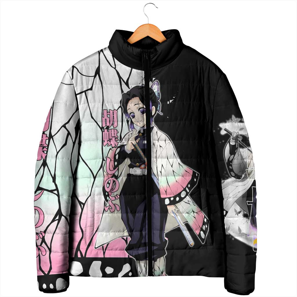 Shinobu Kocho from Demon Slayer Padded Jacket with Black and White Wing Pattern and Pastel Manga Panel Design - The Mazicc