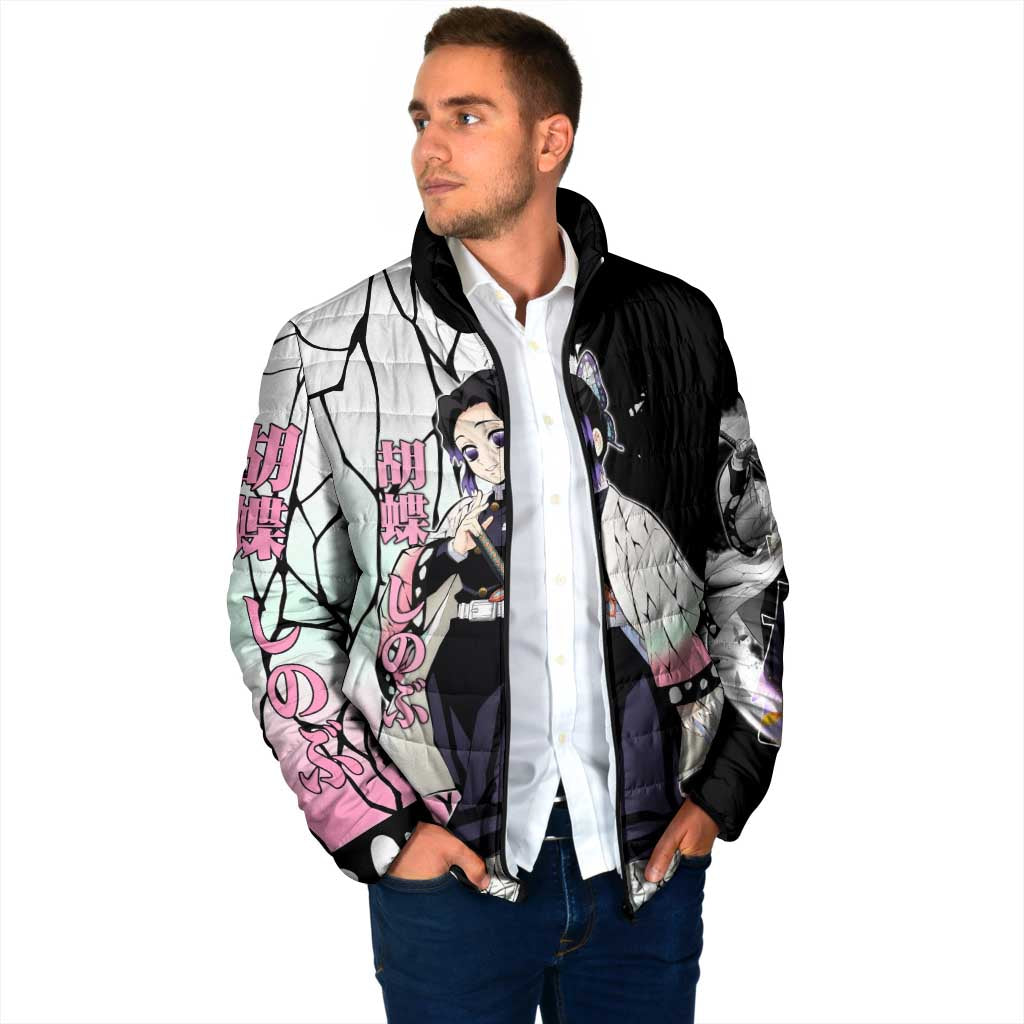 Shinobu Kocho from Demon Slayer Padded Jacket with Black and White Wing Pattern and Pastel Manga Panel Design - The Mazicc
