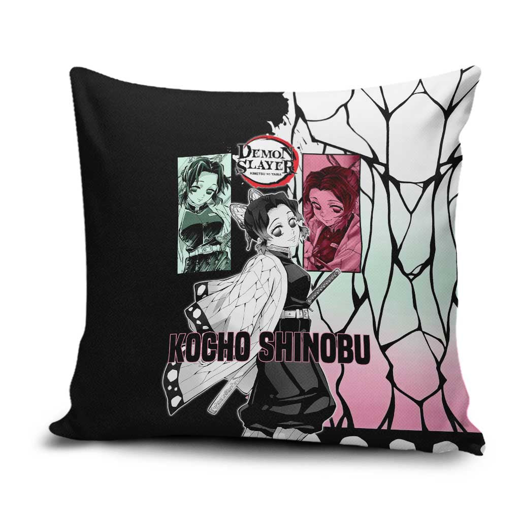 Shinobu Kocho from Demon Slayer Pillow Cover with Black and White Wing Pattern and Pastel Manga Panel Design - The Mazicc