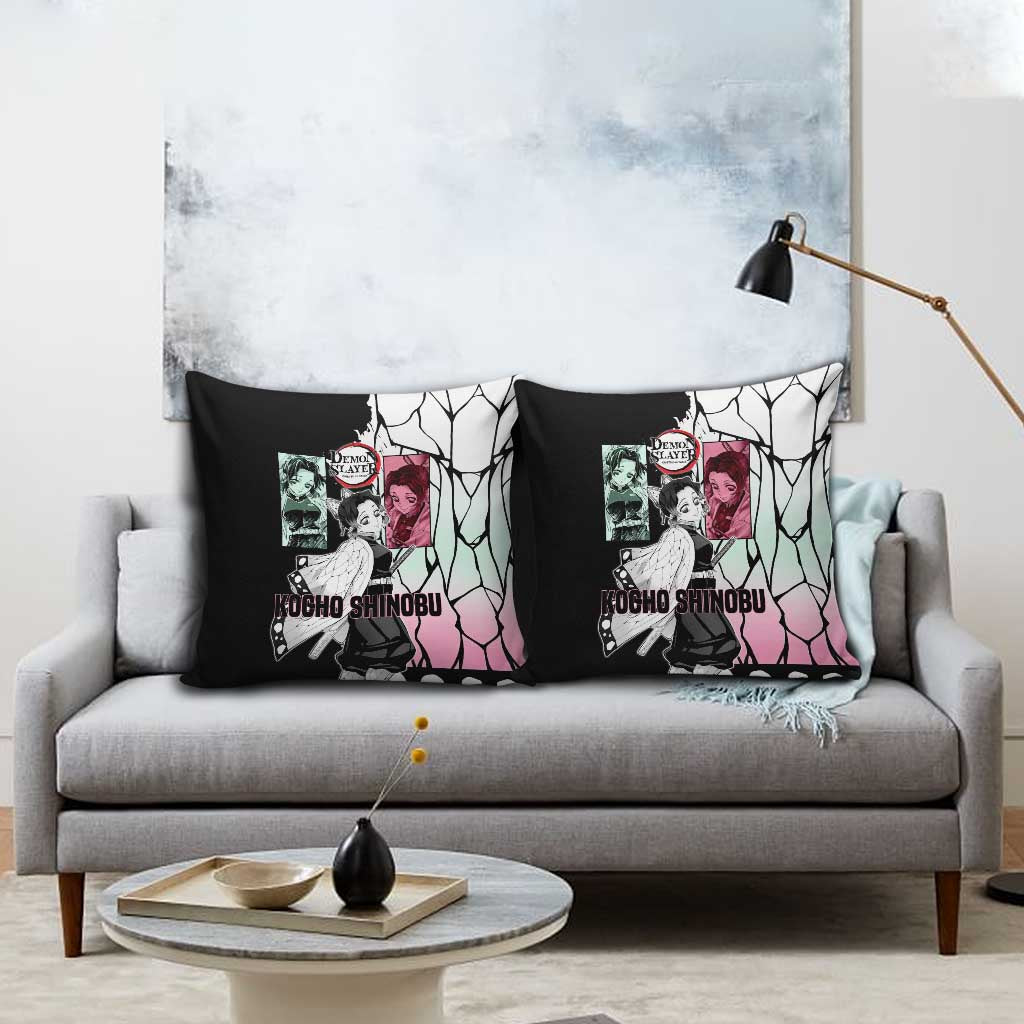 Shinobu Kocho from Demon Slayer Pillow Cover with Black and White Wing Pattern and Pastel Manga Panel Design - The Mazicc