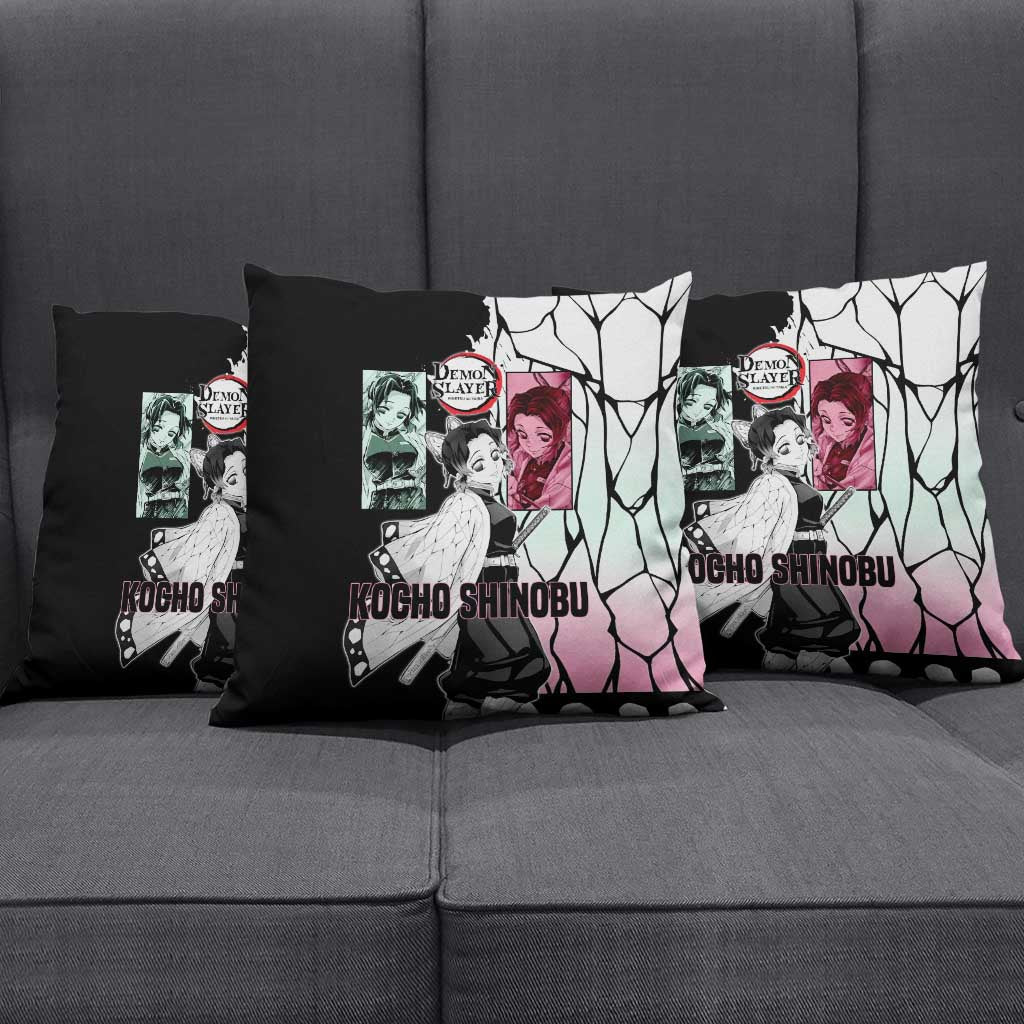 Shinobu Kocho from Demon Slayer Pillow Cover with Black and White Wing Pattern and Pastel Manga Panel Design - The Mazicc