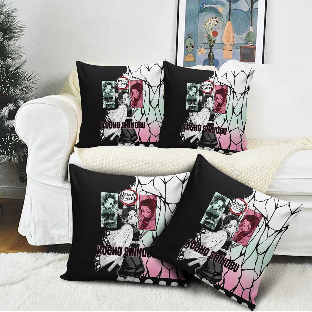 Shinobu Kocho from Demon Slayer Pillow Cover with Black and White Wing Pattern and Pastel Manga Panel Design - The Mazicc