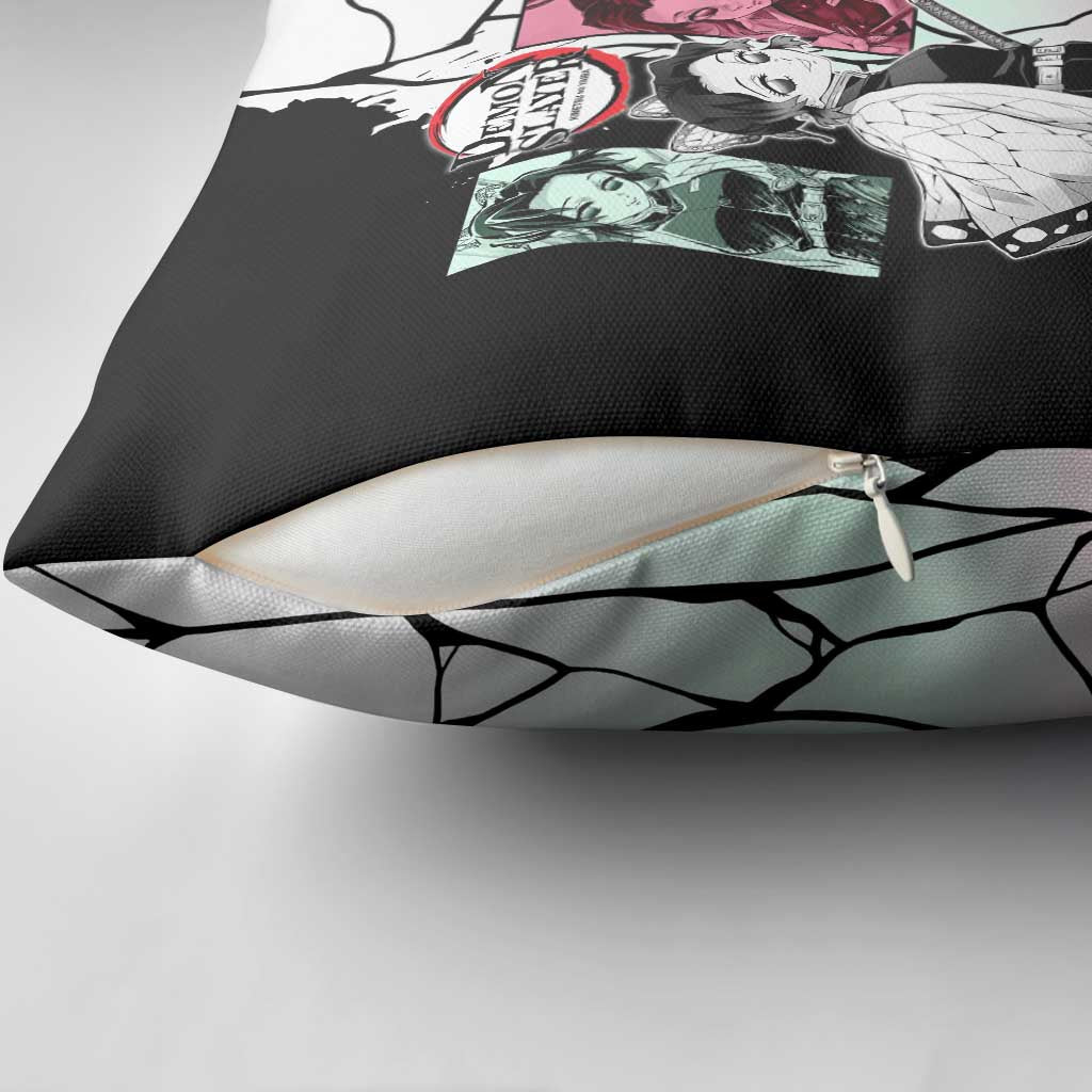 Shinobu Kocho from Demon Slayer Pillow Cover with Black and White Wing Pattern and Pastel Manga Panel Design - The Mazicc