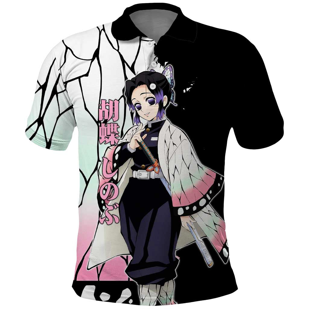 Shinobu Kocho from Demon Slayer Polo Shirt with Black and White Wing Pattern and Pastel Manga Panel Design - The Mazicc