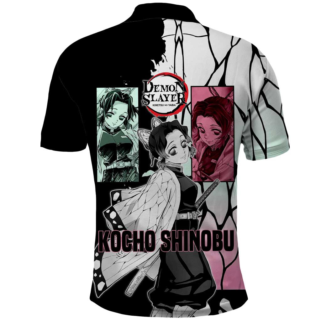 Shinobu Kocho from Demon Slayer Polo Shirt with Black and White Wing Pattern and Pastel Manga Panel Design - The Mazicc