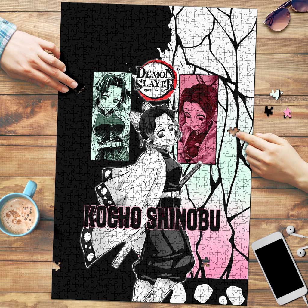 Shinobu Kocho from Demon Slayer Puzzle with Black and White Wing Pattern and Pastel Manga Panel Design - The Mazicc