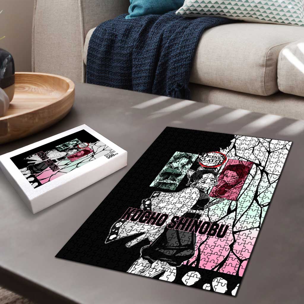 Shinobu Kocho from Demon Slayer Puzzle with Black and White Wing Pattern and Pastel Manga Panel Design - The Mazicc