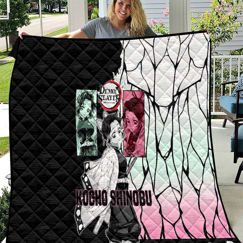 Shinobu Kocho from Demon Slayer Quilt with Black and White Wing Pattern and Pastel Manga Panel Design - The Mazicc