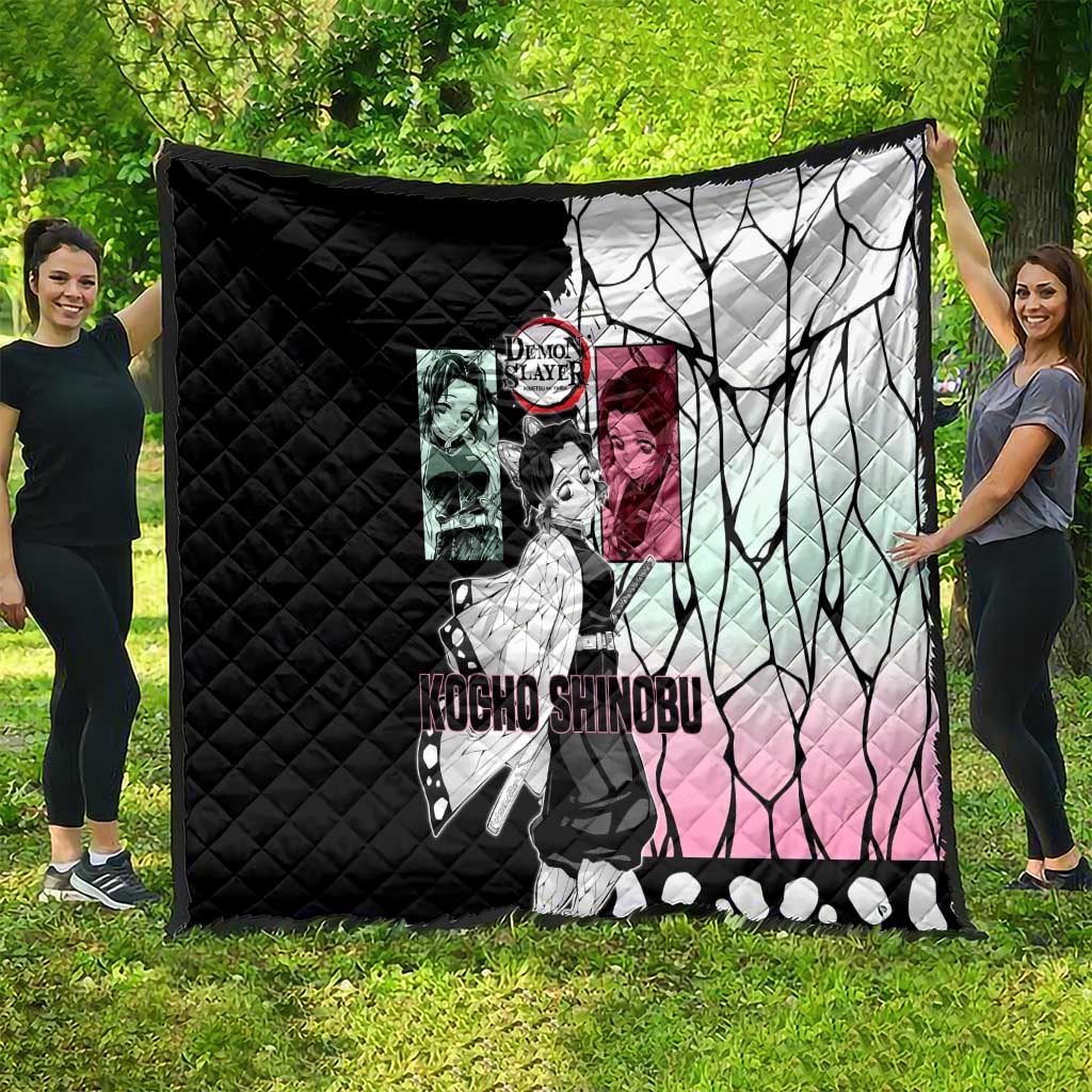 Shinobu Kocho from Demon Slayer Quilt with Black and White Wing Pattern and Pastel Manga Panel Design - The Mazicc