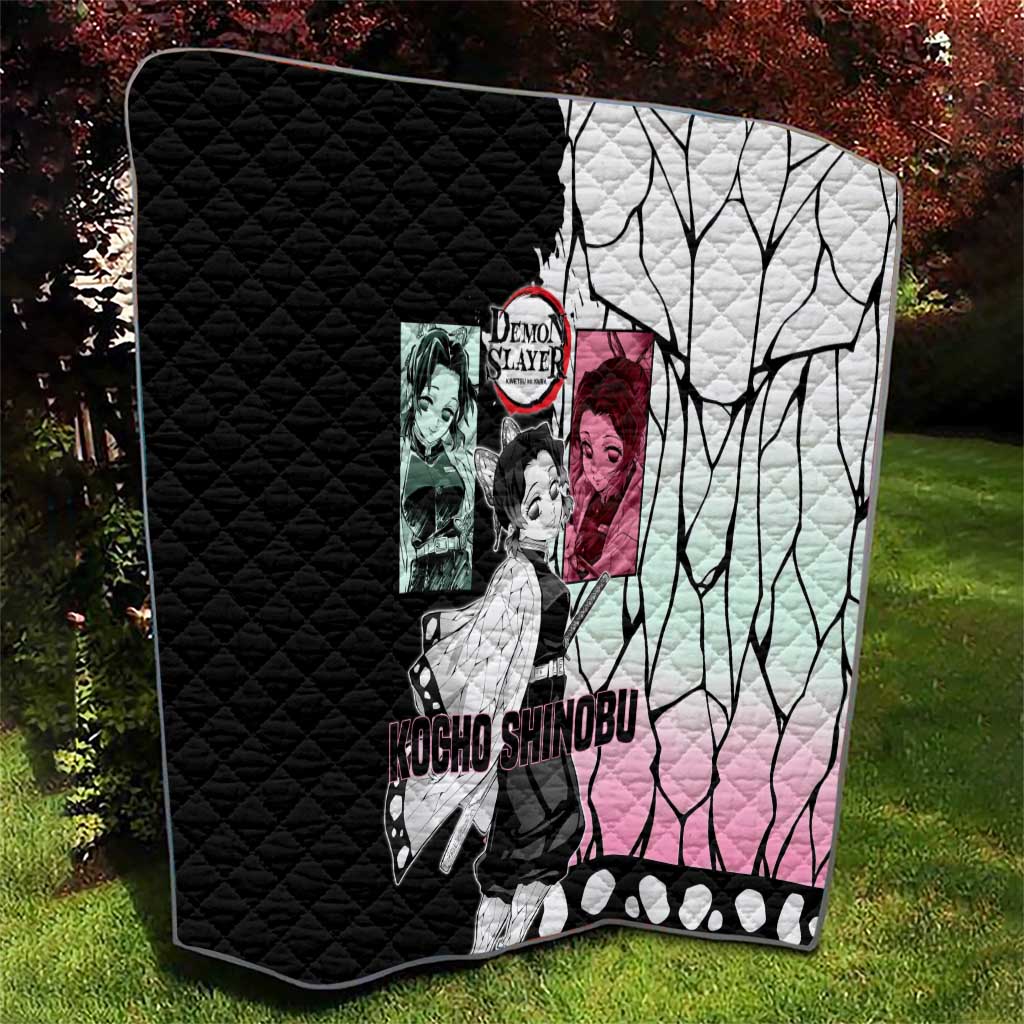 Shinobu Kocho from Demon Slayer Quilt with Black and White Wing Pattern and Pastel Manga Panel Design - The Mazicc