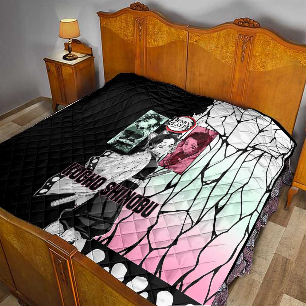 Shinobu Kocho from Demon Slayer Quilt with Black and White Wing Pattern and Pastel Manga Panel Design - The Mazicc