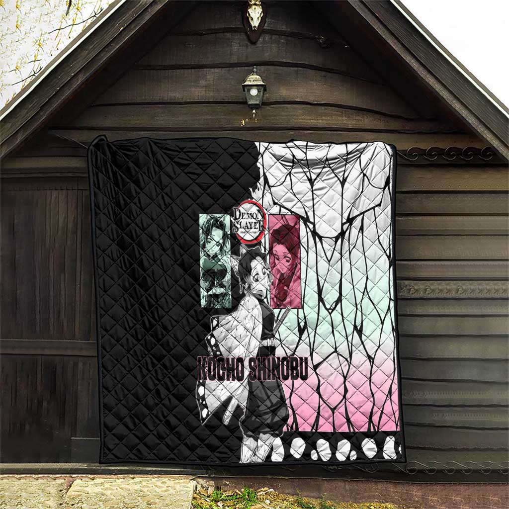 Shinobu Kocho from Demon Slayer Quilt with Black and White Wing Pattern and Pastel Manga Panel Design - The Mazicc