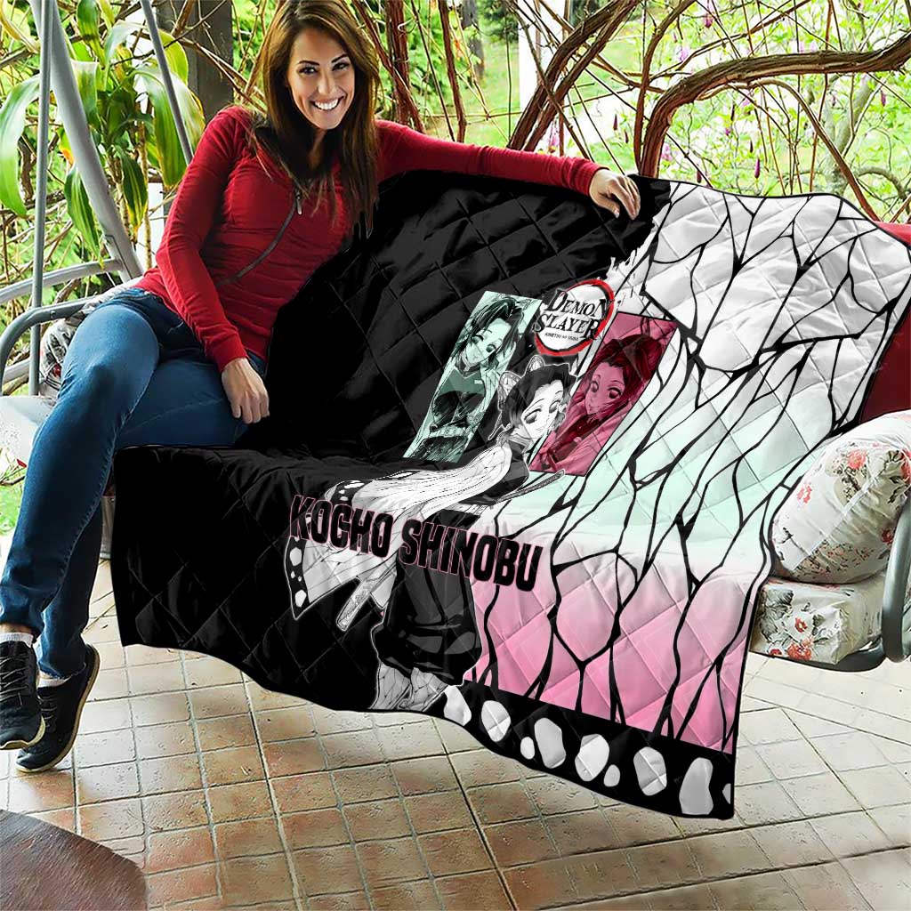 Shinobu Kocho from Demon Slayer Quilt with Black and White Wing Pattern and Pastel Manga Panel Design - The Mazicc