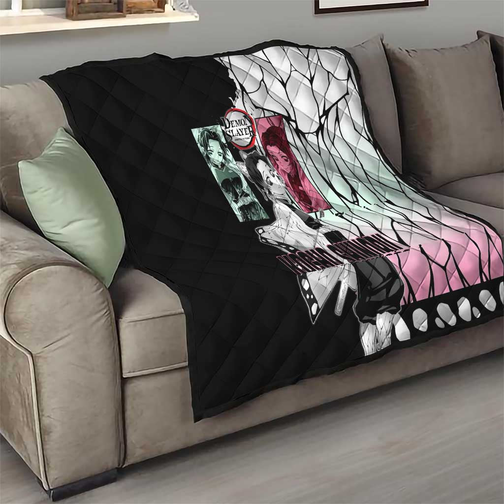 Shinobu Kocho from Demon Slayer Quilt with Black and White Wing Pattern and Pastel Manga Panel Design - The Mazicc