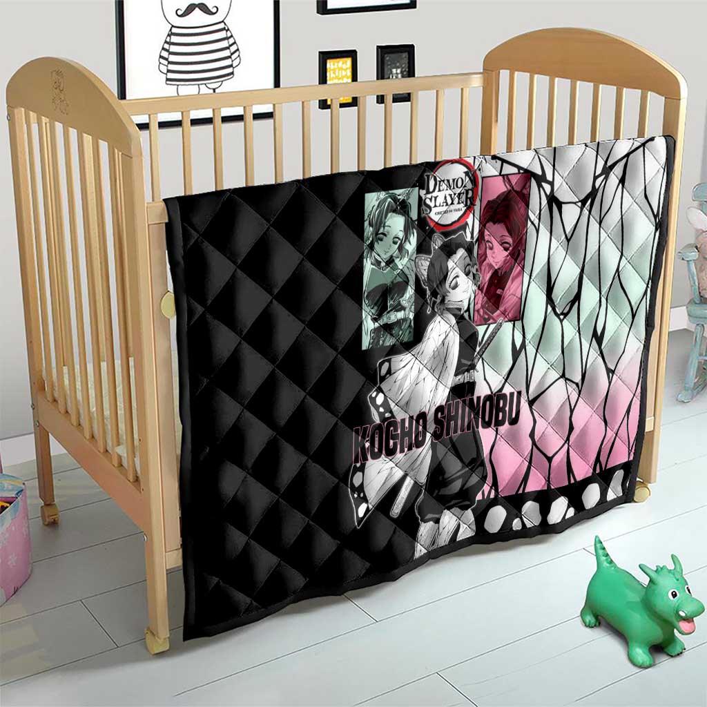 Shinobu Kocho from Demon Slayer Quilt with Black and White Wing Pattern and Pastel Manga Panel Design - The Mazicc